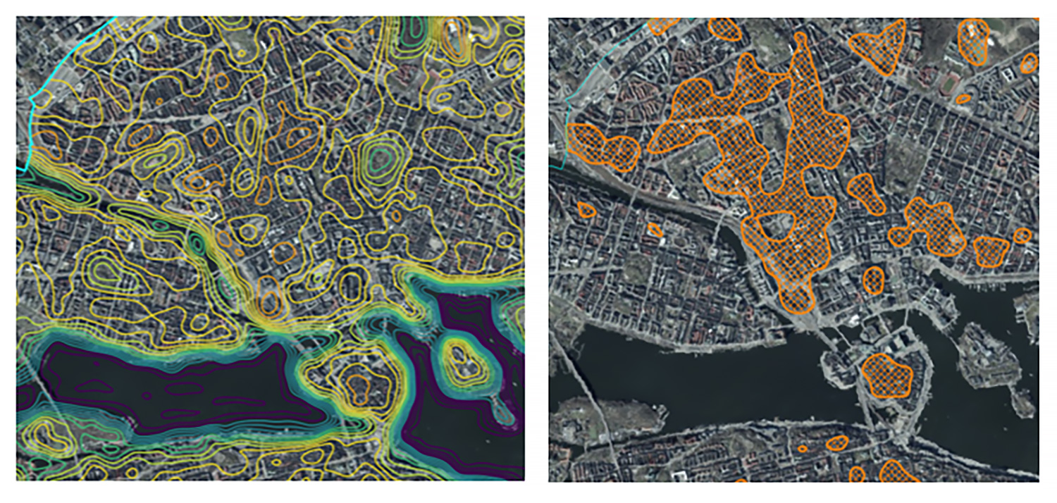 Figur visar temperaturkurvor och värmeöar