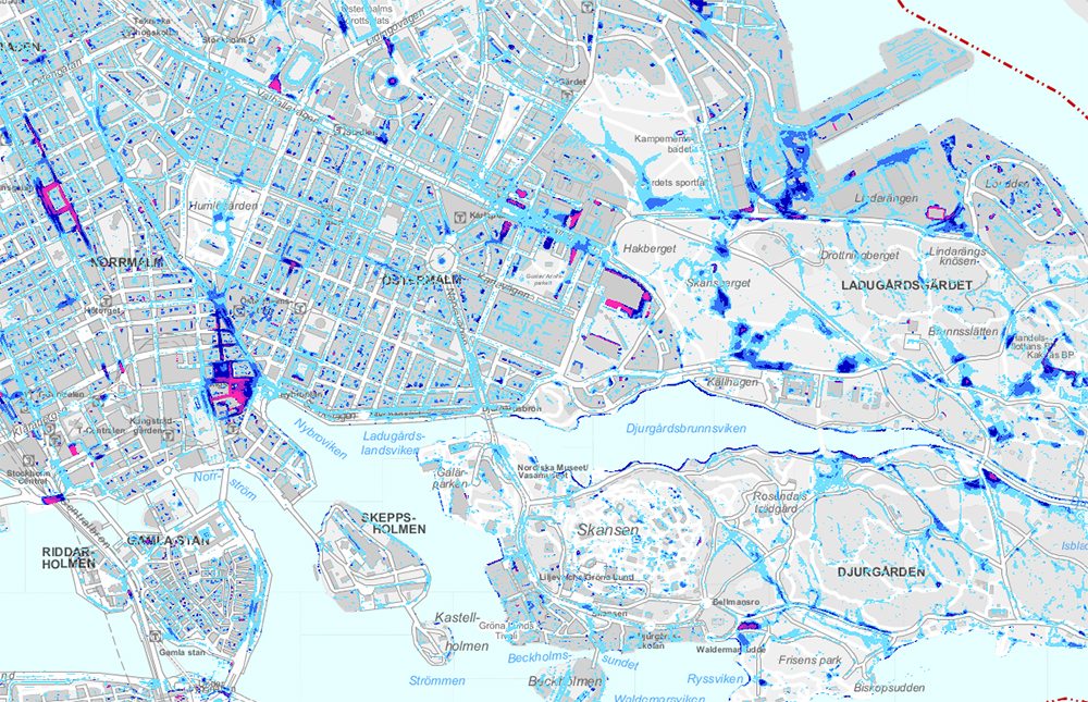 Utsnitt ur skyfallskarta för Stockholm